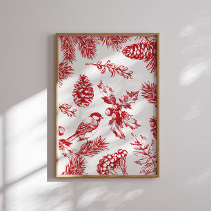 Red Toile Christmas Bird and Pine Poster
