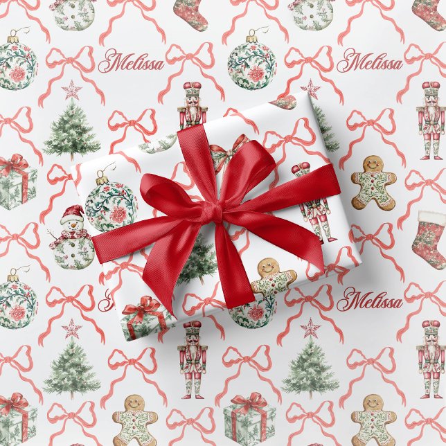 Red Toile Christmas Wrapping Paper Red Bow (Creator Uploaded)