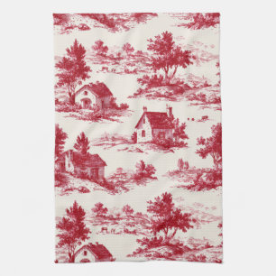 Red Toile Countryside Scene (11) Kitchen Towel