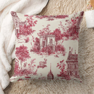 Red Toile Countryside Scene (4) Throw Pillow