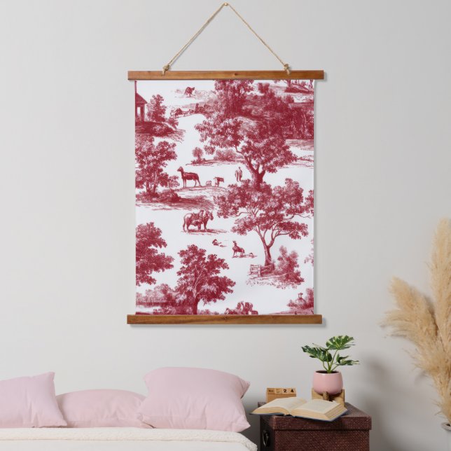 Red Toile Countryside Scene (6) Hanging Tapestry (Bedroom)