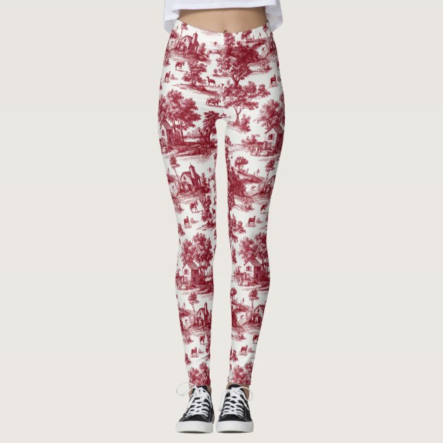Red Toile Countryside Scene (6) Leggings (Front)