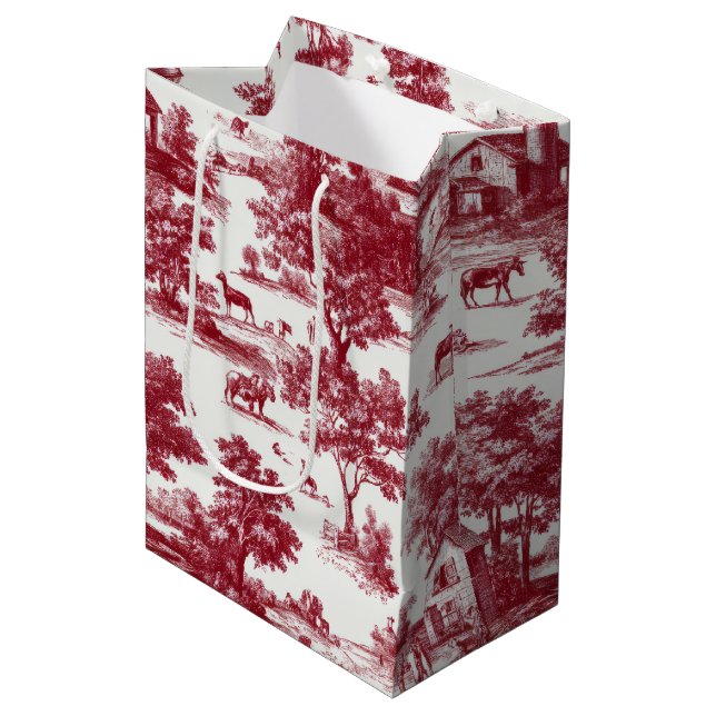 Red Toile Countryside Scene (6) Medium Gift Bag (Front Angled)