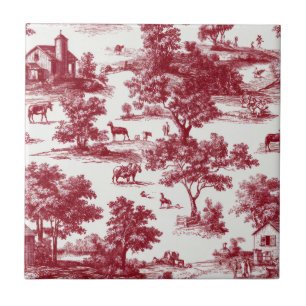 Red Toile Countryside Scene (6) Tile