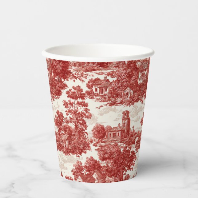Red Toile Countryside Scene (8) Paper Cups (Front)