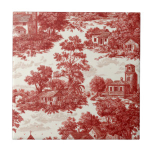 Red Toile Countryside Scene (8) Tile