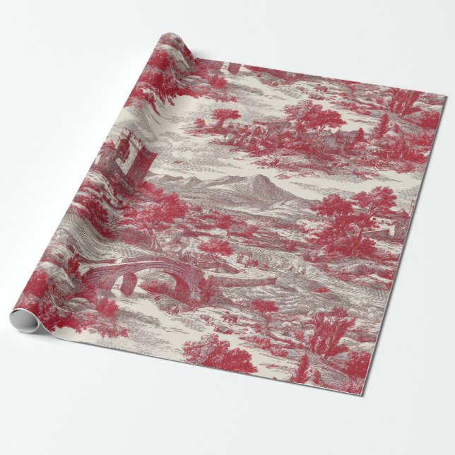 Red Toile Countryside Scene Wrapping Paper (Unrolled)