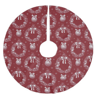 Red Toile De Jouy Holiday Wreath and Ornament Brushed Polyester Tree Skirt