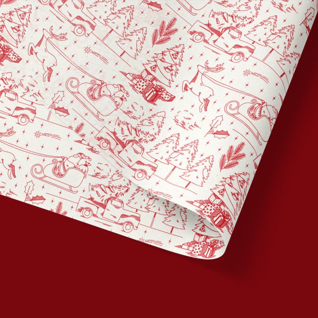 Red Toile de Jouy Modern Christmas Scenes Tissue Paper (red toile de jouy illustrations of santa claus and other christmas tree scenery in tissue paper)