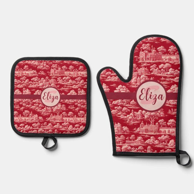 Red Toile de Jouy Oven Mitt & Pot Holder Set (Front)