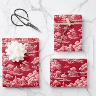 Red Toile de Jouy Wrapping Paper Sheet