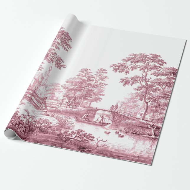  Red Toile Vintage French Decoupage Wrapping Paper (Unrolled)