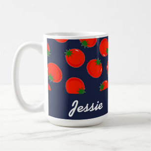 Red tomatoes on blue coffee mug
