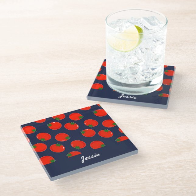 Red tomatoes on blue glass coaster (Angled)