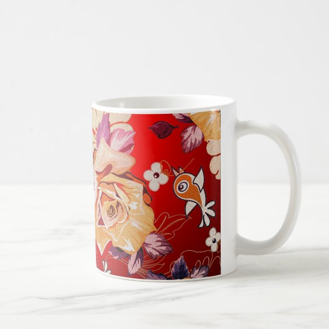 Red Tones Rustic Hand Drawn Rose & Birds Coffee Mug (Right)