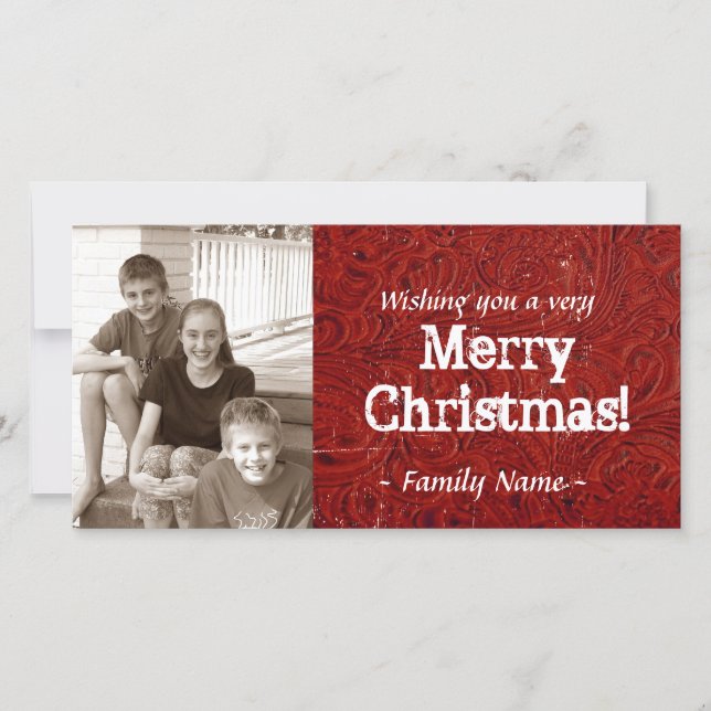 Red Tooled Leather Photo Christmas Card (Front)