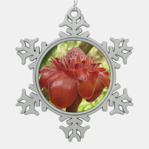 Red Torch Ginger Tropical Flower Photography Snowflake Pewter Christmas Ornament