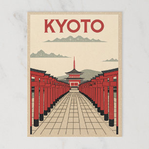 Red Torii Gates in Retro Kyoto Postcard