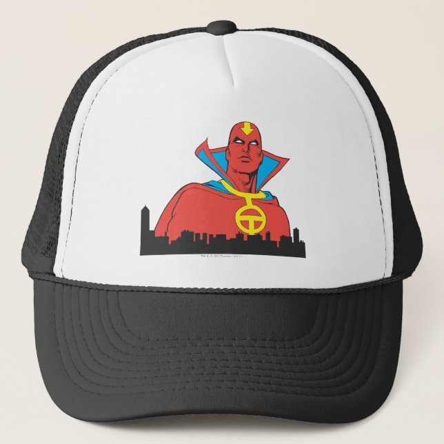 Red Tornado Behind Cityscape Trucker Hat (Front)