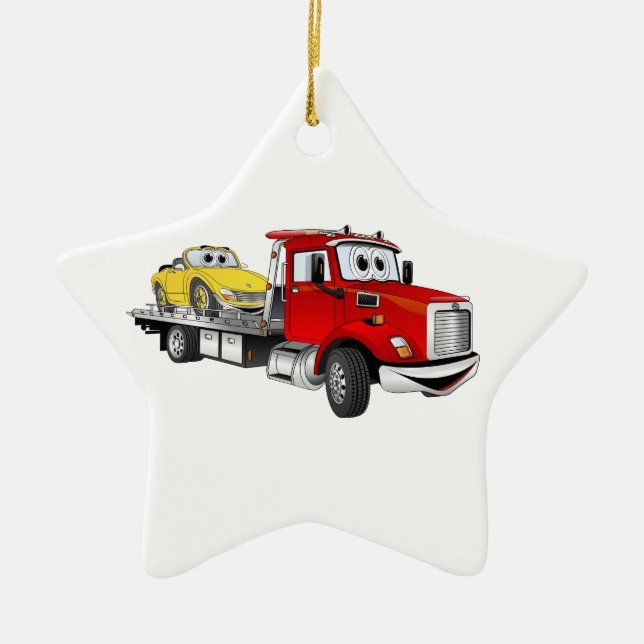 Red Tow Truck Flatbed Cartoon Ceramic Ornament (Front)