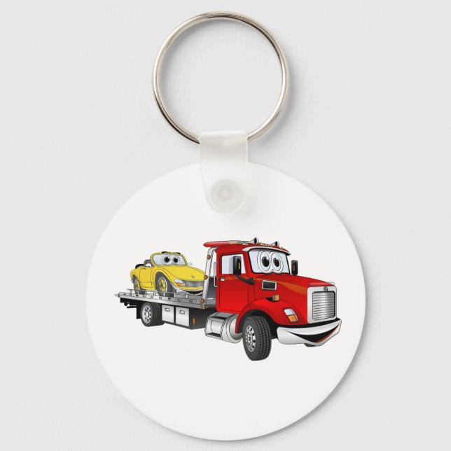 Red Tow Truck Flatbed Cartoon Keychain (Front)