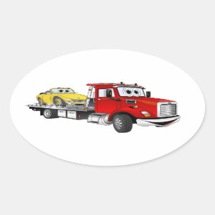 Red Tow Truck Flatbed Cartoon Oval Sticker
