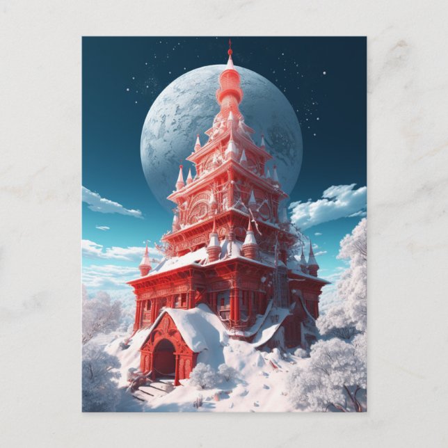 Red Tower Winter Landscape Fantasy Art Postcard (Front)