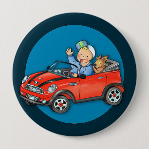 Red Toy Car Boy & Dog Round Button