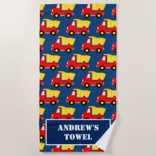 Red toy dump truck construction theme custom kid's beach towel