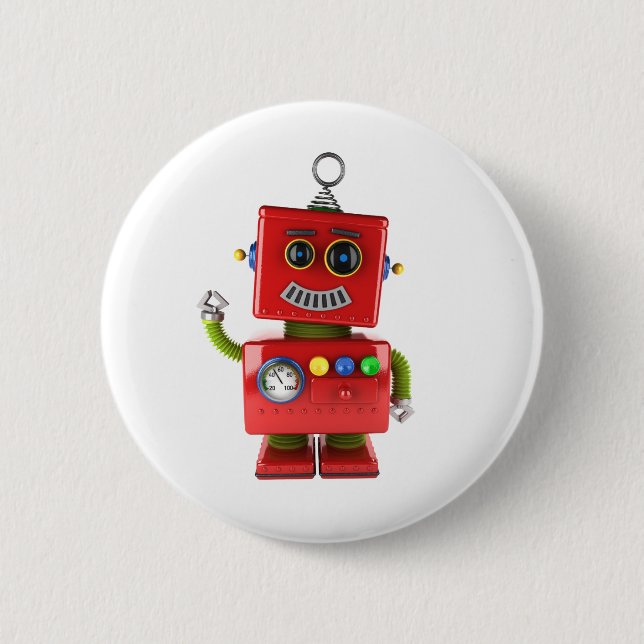 Red toy robot waving hello 2 inch round button (Front)