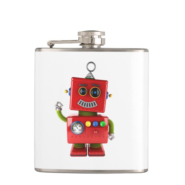 Red toy robot waving hello hip flask (Front)