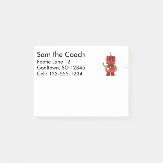 Red toy robot waving hello post-it notes (Front)