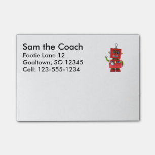 Red toy robot waving hello post-it notes