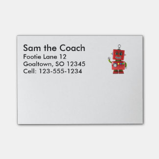 Red toy robot waving hello post-it notes