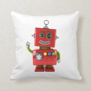Red toy robot waving hello throw pillow