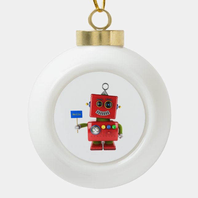 Red toy robot with hello sign ceramic ball christmas ornament (Front)