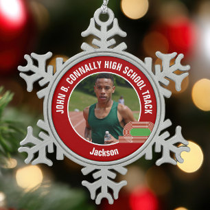 Red Track & Field Photo High School Athlete Snowflake Pewter Christmas Ornament