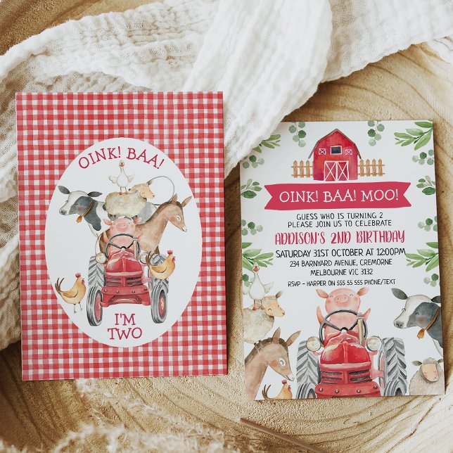 Red Tracteur Et Grange Farm Invitation Anniversair (Kids red farm birthday invitation featuring a red barn, red tractor and various cute farm animals.)