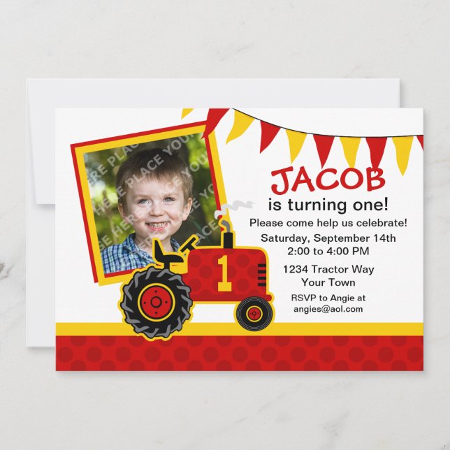 Red Tractor 1st Birthday Photo Invitation (Front)