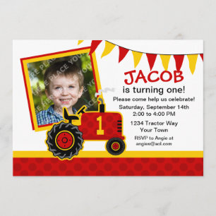 Red Tractor 1st Birthday Photo Invitation
