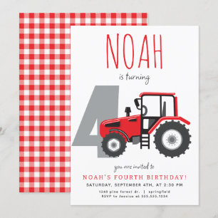 Red Tractor 4e Invitation d'anniversaire
