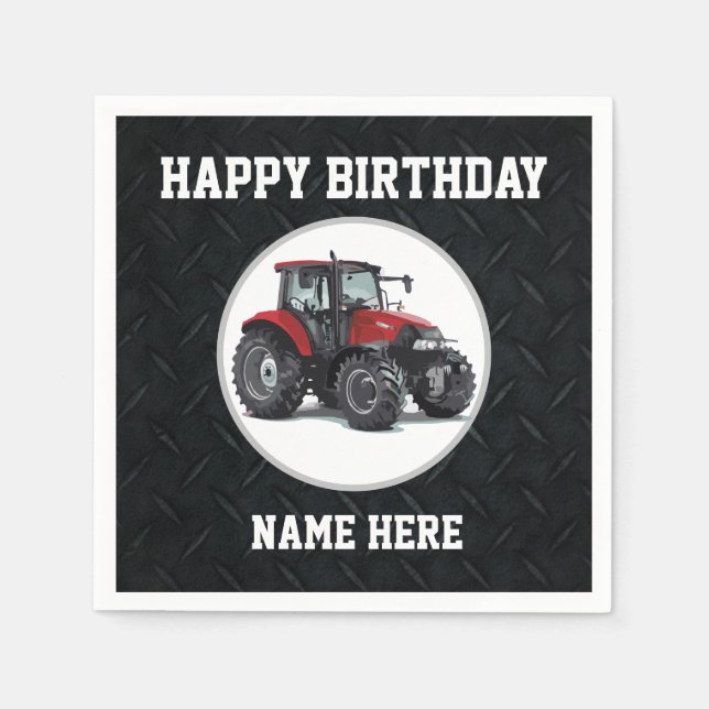 Red Tractor Birthday Name Farming Farmer Napkin (Front)