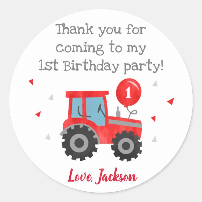 Red Tractor Birthday Party Favour Stickers Labels (Front)