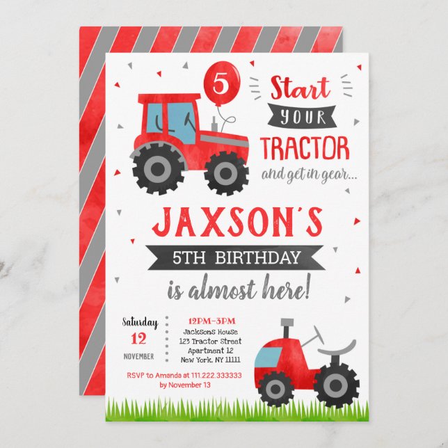 Red Tractor Birthday Party Invitation (Front/Back)