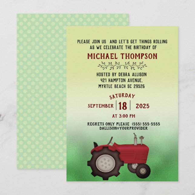 Red Tractor Birthday Party Invitation (Front/Back)