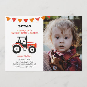 Red Tractor Birthday Party Invite With Photo