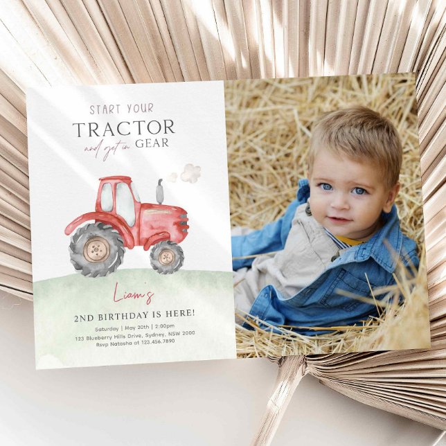 Red Tractor Birthday Photo Invitation (Creator Uploaded)