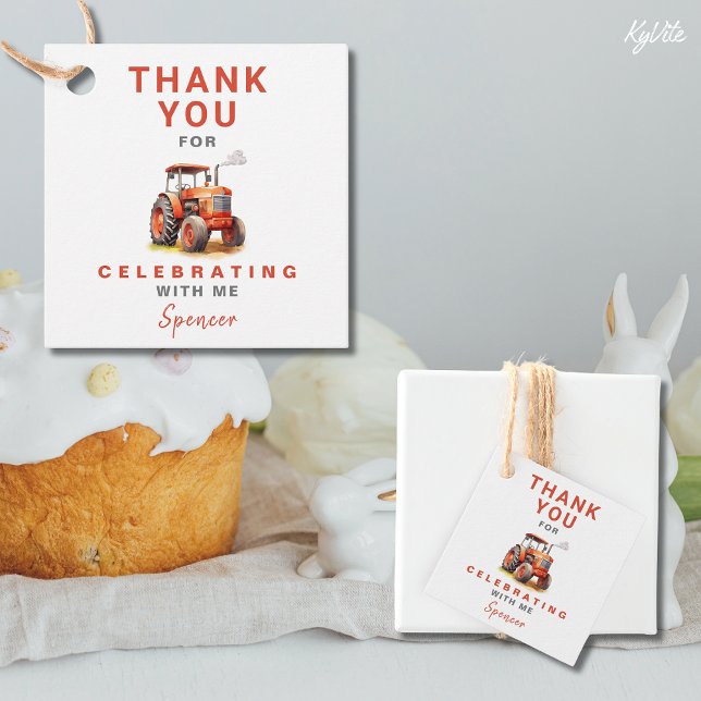Red Tractor Birthday Square Favour Gift Tag (Creator Uploaded)