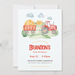 Red Tractor Boys Birthday Party Invitation
