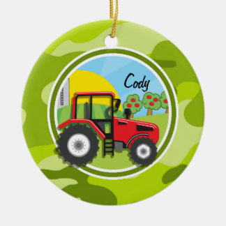 Red Tractor; bright green camo, camouflage Ceramic Ornament